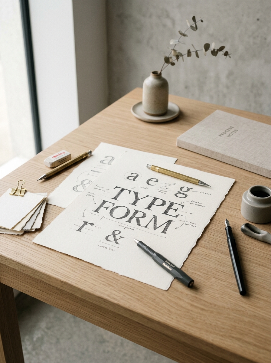 Proceso creativo, escritorio minimalista con bocetos tipográficos
