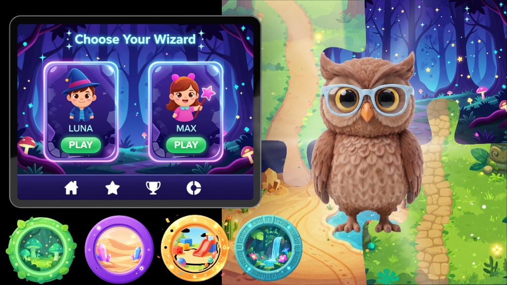 MAGICAL KIDS GAME — Character Selection UI, UX/UI y diseño de personajes para videojuego infantil